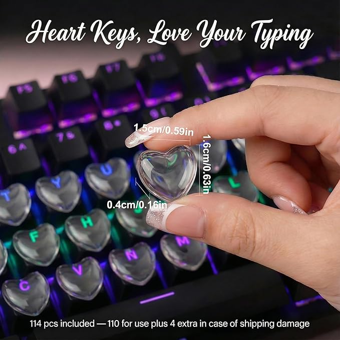 110pcs Keyboard Bubbles for Long Nails, Ergonomic Height Raised Glass Heart Key Covers, No-Residue, Reusable, Easy to Apply, for Desktop Keyboards, External Keyboards, Calculators