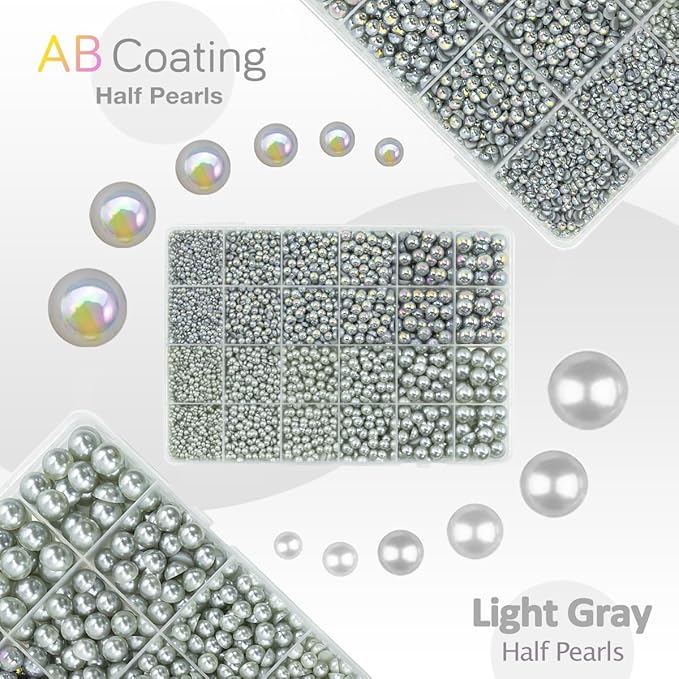 2 Styles Solid Light Gray+ Grey AB Flatback Pearls for Bedazzling Crafting 3-10mm Half Pearls Round Beads Gems Bedazzler Kit for Nails Face Eyes Makeup Tumblers Bottles DIY Crafts Shoes﻿ Phones