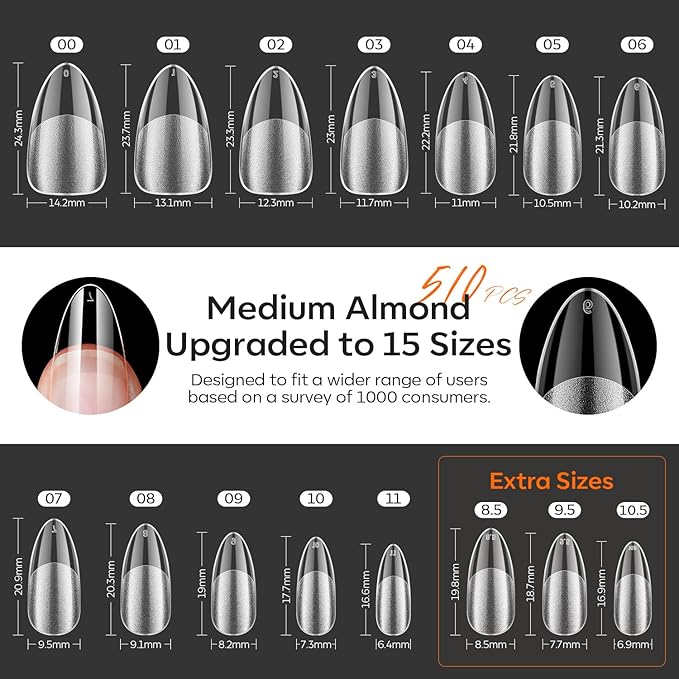 modelones X Nail Gel Kit Almond, 510Pcs Nail Tips & LED Lamp Gooseneck and Clamp, 10-in-One Glue Prep Dehydrator, 15Size Medium Almond Press on Tip Adjustable U/V Light Easy Extension DIY Women Gift