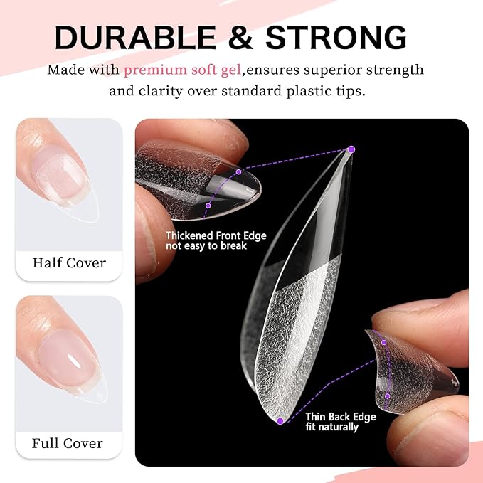 Short Almond Full Cover Nail Tips - 216pcs Pre-Shaped Gel Gelly Tips, 12 Sizes for Acrylic Nail Extension, Home DIY & Nail Salon