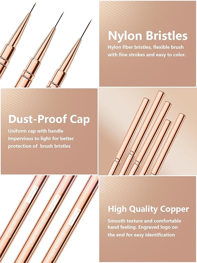 Nail Liner Brush, Fine Line Nail art Brushes 5/9/15/20/25mm Thin Line Nail Brushes Detail Drawing, Liner Brush for Nails Gel (Rose Gold)