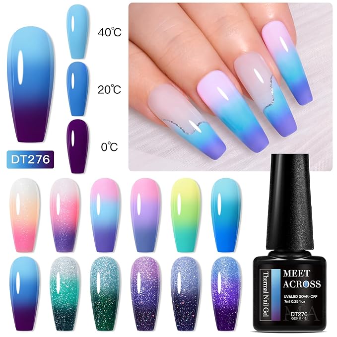MEET ACROSS Glitter Thermal Gel Nail Polish Gel Temperature Color Changing Gel Polish Soak Off UV Gel Nail Polish Nail Art Varnish For Home Salon Manicure DIY 12 PCS/BOX