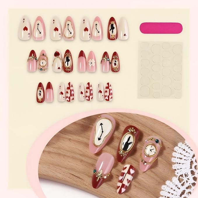 Medium Press on Nails Almond False Nail with Winter Gold Hearts Diamods Designs Fake Nails Press Ons Gift for Women 24pcs