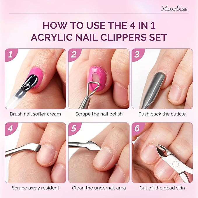 Melodysusie 4 in 1 Acrylic Nail Clippers Set, with Cuticle Trimmer and Dual-Ended Cuticle Pusher Remover, Stainless Steel Acrylic Nail Cutter Set, Pedicure Manicure Acrylic Nail Tools for Home Salon