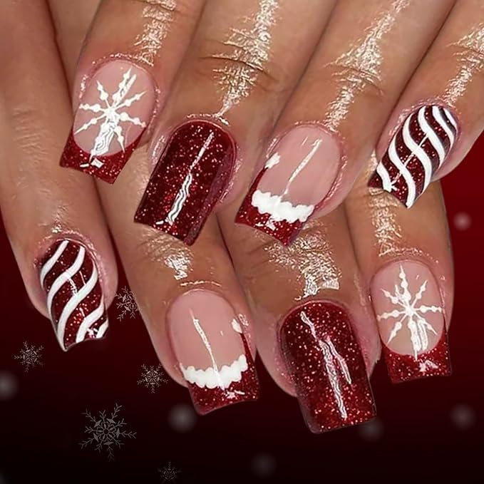 Christmas Press on Nails Medium Square Fake Nails with Snowflake Christmas Hat Designs Xmas Red Glitter French Tip False Nail Winter Stick on Nail for Women 24 Pcs