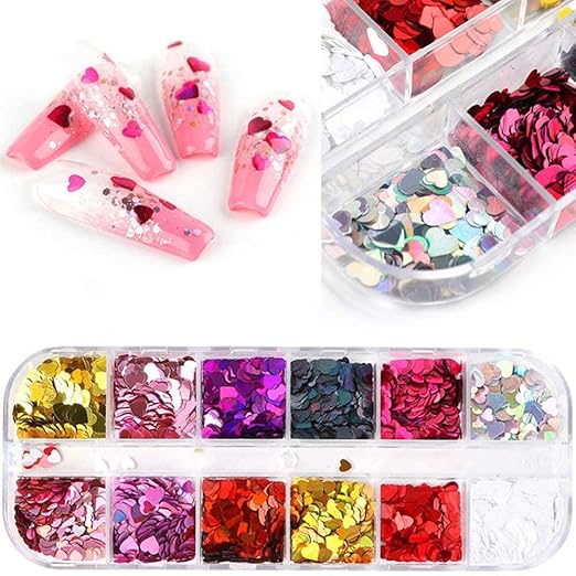 12 Colors Heart Holographic Nail Glitter Sequin Accessories Colorful 3D Nail Flakes Powder UV Gel Polish Acrylic Design for Women Girls Manicure Tips False Nails Supplies Kit Decorations