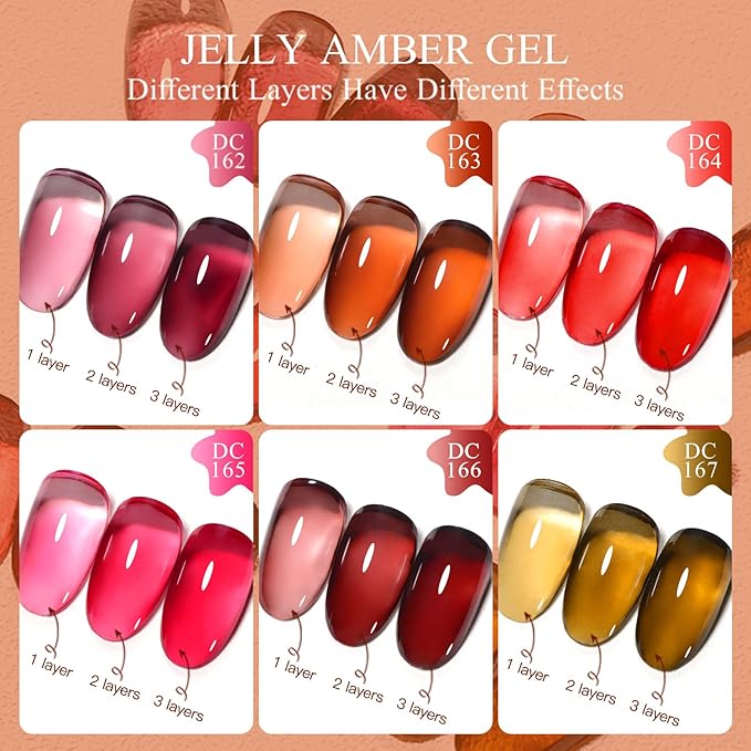 MTSSII Nude Brown Jelly Gel Nail Polish Set 6PCS Jelly Gel Polish Kit Crystal Nail Polish Red Coral Caramel Orange Amber Brown Green Nail Art Manicure DIY Gift