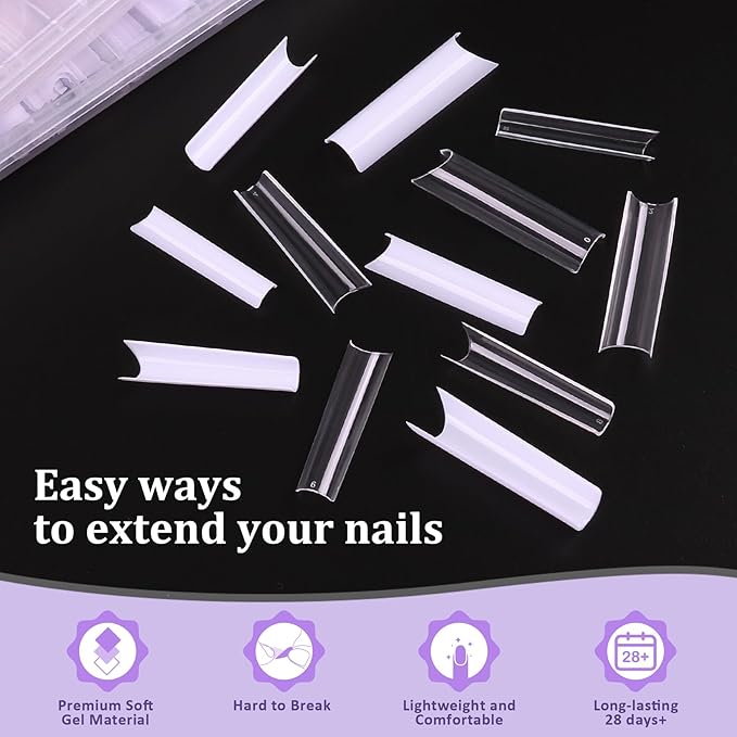 Fake Nail Tips White Clear: Sweet Trend No C Curve Tapered Square Nail Tips for Acrylic Nails - 480Pcs 12 Sizes Extra Long Straight Nail Extension Kit - with Glue Remover & Glue Acrylic Clippers Set