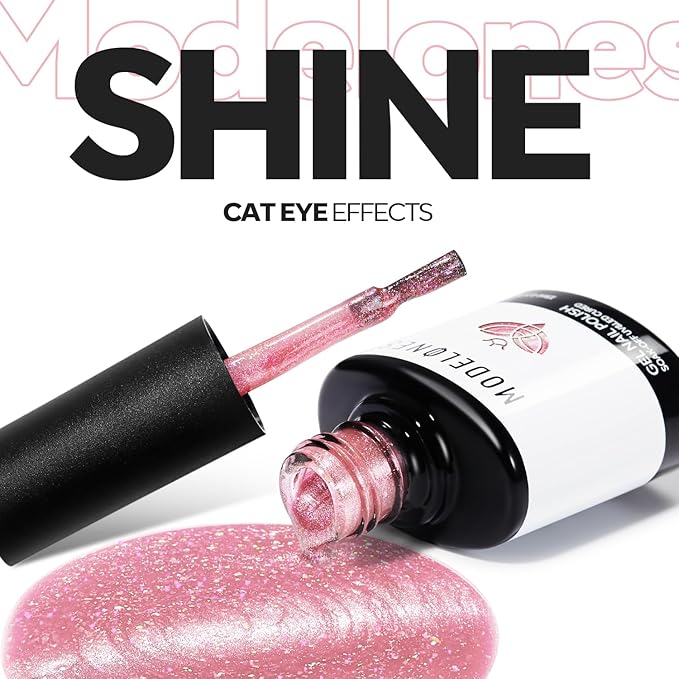 modelones Pink Cat Eye Gel Nail Polish Light Pink 9D Cateye with Magnet Shimmer Glitter Gel Polish Soak Off Reflective Translucent Jelly Gel Nail Polish 15 ML