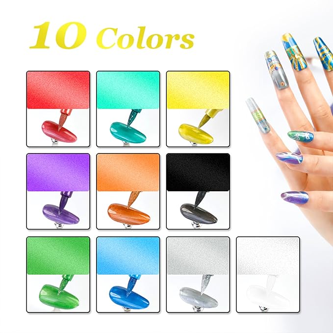 Metallic Nail Art Pens Set, 10 Colors Double-Ended Nail Marker Pens for Nail Design, Water-Based Quick Dry Paint Pens for DIY Manicure, Dotting Line Painting for Home & Salon