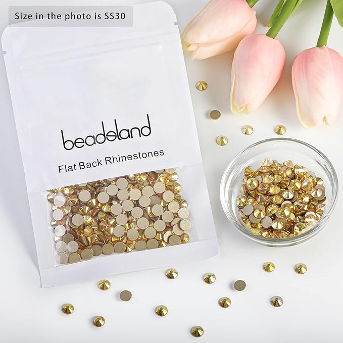 Beadsland 576pcs Flat Back Crystal Rhinestones Round Gems for Nail Art and Craft Glue Fix, Metal Sunlight, SS30,6.3-6.5mm