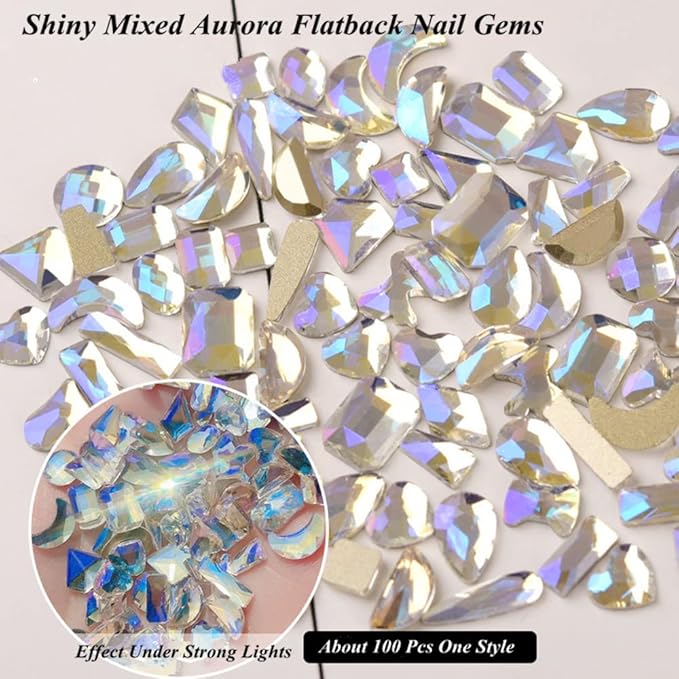 600 Pcs Flatback Rhinestones Set Aurora Crystals for Nails Gems for Crafts Mixed Shape Colored Nail Rhinestones Nail Stones 3D Nail Charms for Nail Designs (Colorful)