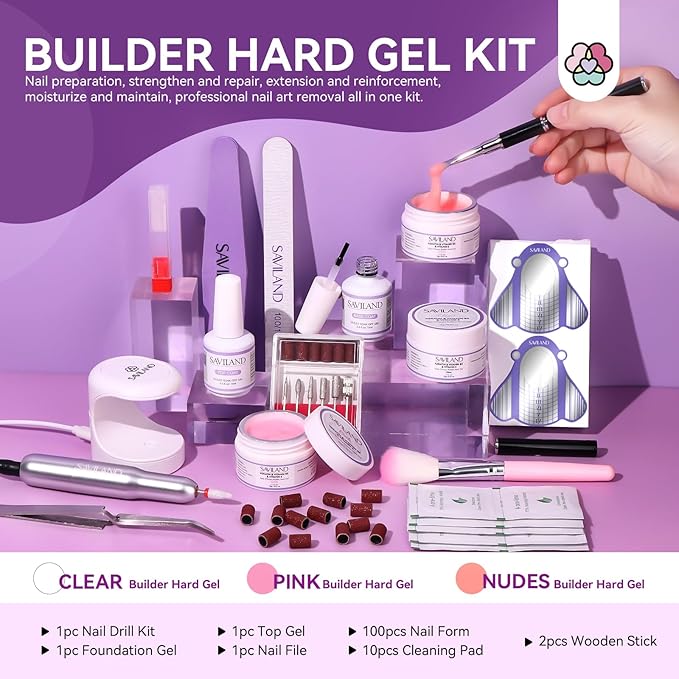 Saviland Builder Nail Gel Set with Nail Drill – 3 Colors Hard Gel(VE&VB5&Kerain) with 24 Colors Castor Oil & Vitamin E Builder Nail Gel Lamp Nail Brush for Nail Extension Shaping DIY at Home Salon