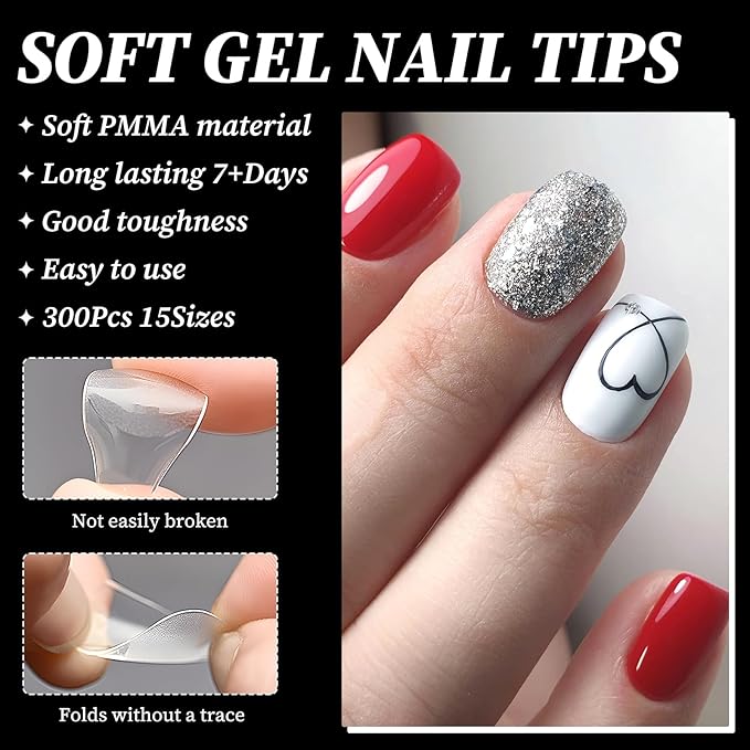 300pc Medium Round Square Gel Nail Tips Clear Fake Nail, Clear Press on Nails Medium Squoval Soft Gel Nail Tips Acrylic Nails Full Cover False Nail Artificial Fingernail for Nail Extension Press-ons