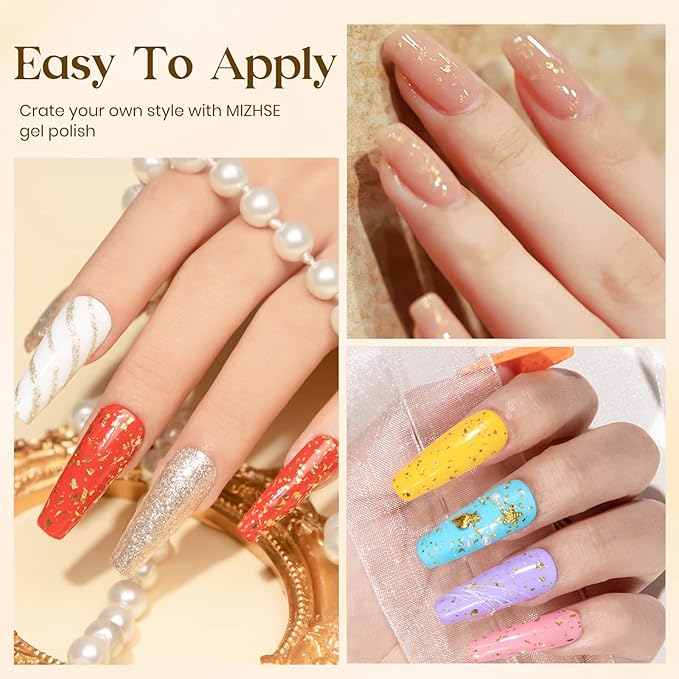 MIZHSE Gold Glitter Gel Nail Polish, Glitter Sequins Gel Polish Sparkle Shiny Christmas Soak Off U V LED Gels Polish for Nail Salon & Home DIY Manicure 10ml