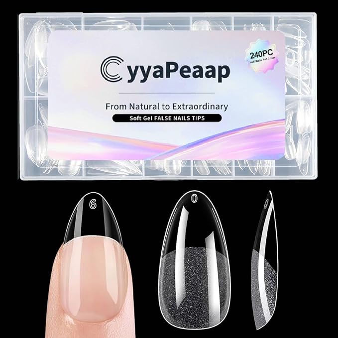 Medium Almond Nail Tips - 12 Sizes 240 PCS Pre-Etched Soft Gel Nail Tips Half Matte Full Cover Press on False Nail Tips Clear Acrylic Nails for Nail Extension Home DIY Manicure Salon