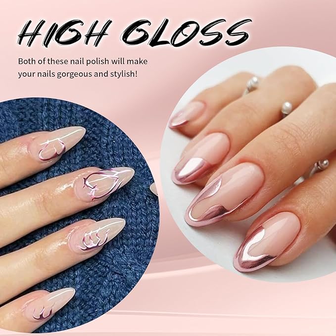 12ml Metallic Painting Gel Liner Nail Art 3D Mirror Chrome Effect Metal Painted Drawing Build in Thin Brush Soak Off UV/LED Rose Gold Striper Gel for Salon DIY Manicure