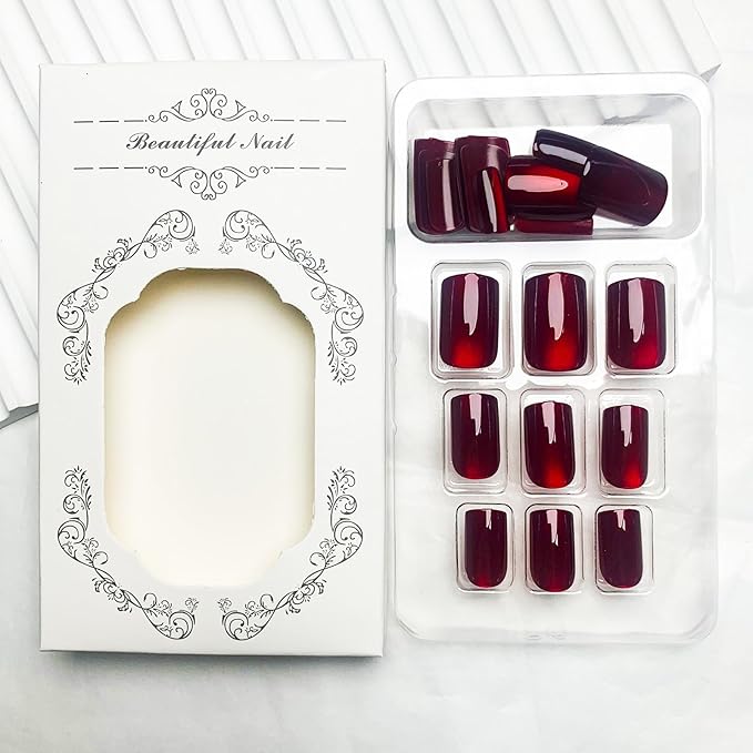 Wine Red Press on Nails Short Square Fake Nails Cat Eye Acrylic Nails Glossy Shiny False Nail Press ons Jelly Gel Design Red Full Cover Glue on Nail for Women Girls Manicure Nail Decoration