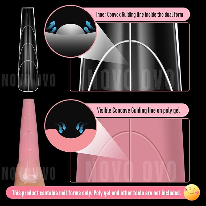NOVO OVO Tapered Square (Natural not Sculpted) Nail Dual Forms for Poly Gel Extension with Guiding Line Inside, XL XXL Reusable Full Cover Acrylic Builder Hard Gel Polygel Molds x 15 sizes 150 Pcs