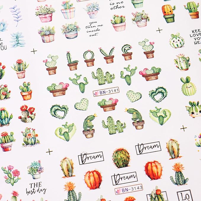 12 Sheets Green Cactus Nail Art Stickers Spring Summer Fall Winter Nail Stickers Cute Water Transfer Nail Decals Holiday Nail Art Supplies for Women Nail Decorations