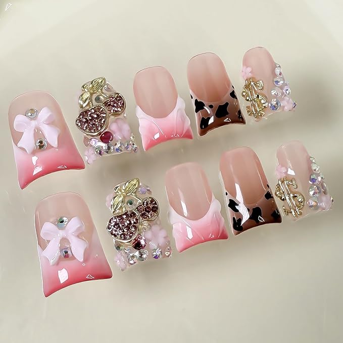 Luxury Press on Nails Short Duck Handmade 3D Unique Reusable ABS Material Fake Nails French Tip False Nails with Designs Leopard Print Flower Rhinestones Bow Glossy Glue on Nail Thick Acrylic Nail(M)