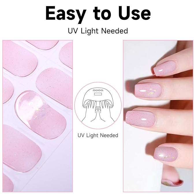 Semi Cured Gel Nail Strips, 28 pcs Gel Nail Stickers Work with Any UV Lights, Long-Lasting Nail Wraps, Stick on Nails for women Easy to Apply & Remove