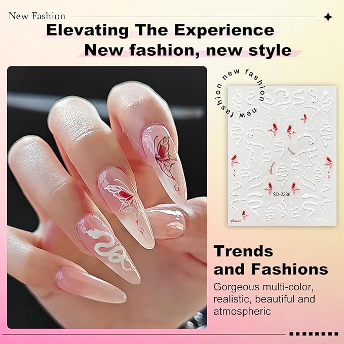 3 Sheets Snake Nail Art Stickers 3D Self-Adhesive Snake Sun Star Pattern Decals Starlight Nail Design Stickers Supplies for Women Girls Manicure Art Decoration 931-17