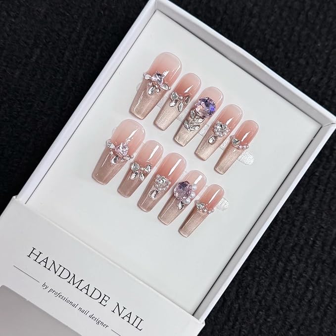 10Pcs(1Pack) Handmade Press On Nails 3D Flower Nails Cute Catoon Owl Nails for Women Party Holiday Daily Wear Size L