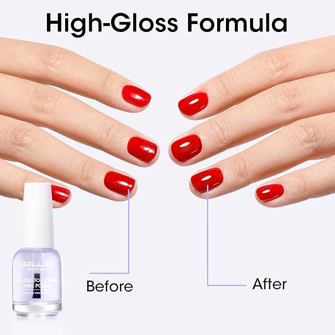 GELLEN Clear Nail Polish Top Coat, High Gloss Shine Top Coat Quick Air Dry UV-Resistant, Long Wear and Scratch Resistant, Chip Resistant, Protects Color & Nails, Non UV Gel, Hema Free, Non-toxic
