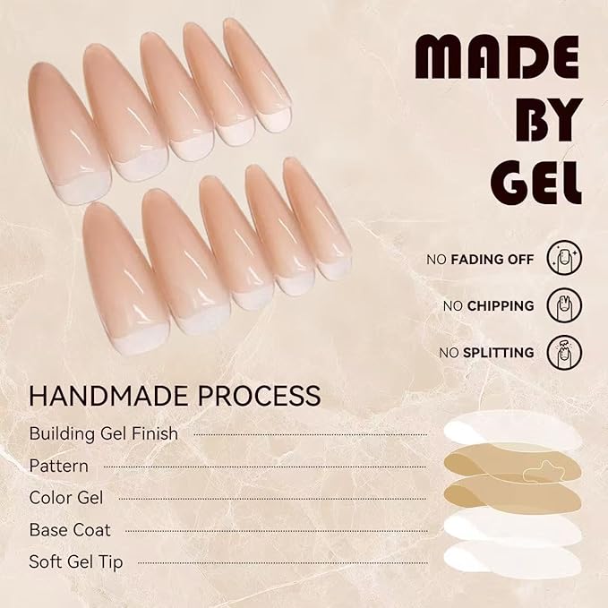 30PCS Elegant Nude Almond Press On Nails - Semi-Translucent Reusable Gel Fake Nails with Jelly Glue, Easy Apply & Remove, Salon-Quality Manicure for Women & Fashion Lovers