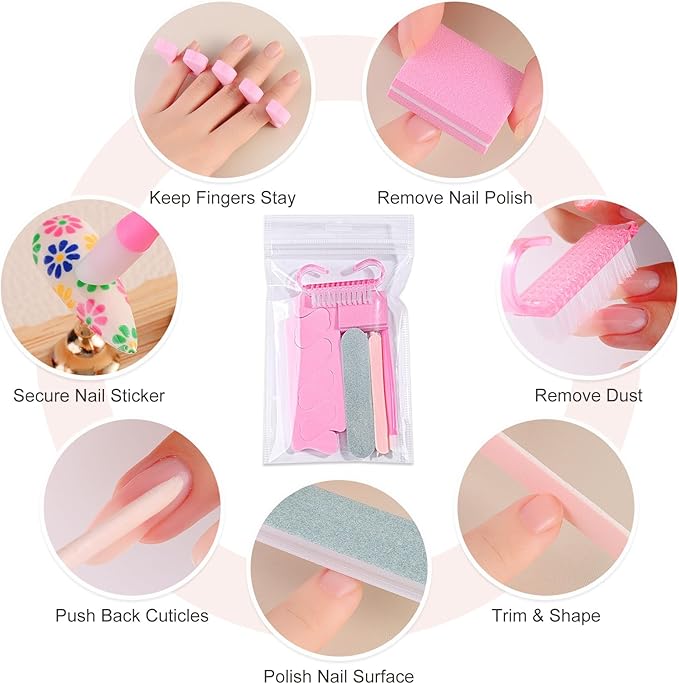 5 Sets Manicure Prep Kit for Travel Home, Portable Basics 7 in 1 Nail Salon Pedicure Tools, Sponge Toe Finger Separators, Nail File, Cuticle Pusher, Wood Stick & Handle Grip Brush