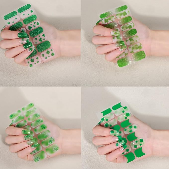 4 Sheets St Patrick’s Day Gel Nail Stickers for Nail Art Green Shamrock Gel Nail Polish Strips Clover with Glitter Design Irish Stickers Full Wrap Gel Nail Strips Sticker for Women Manicure Salon