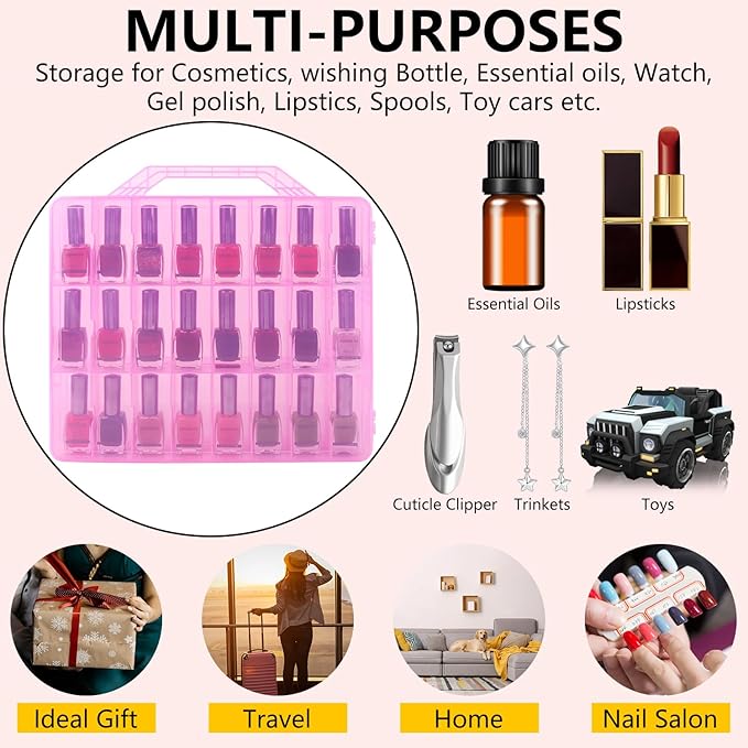 Universal Nail Polish Holder Gel Nail Polish Organizer Case for 48 Bottles Adjustable Dividers Space Saver,Double Sided Storage for Nail Bottles Mini Cars Threads Essential Oils (Pink)