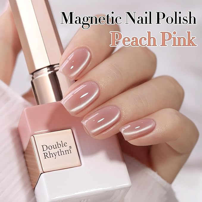 Double Rhythm 0.5 Oz Cat Eye Gel Polish with Magnet Same Color Same Bottle Holographic Glitter Shimmer Translucent Color Salon 15 ML Magnetic Nail Art (Peach Pink-MC1149)
