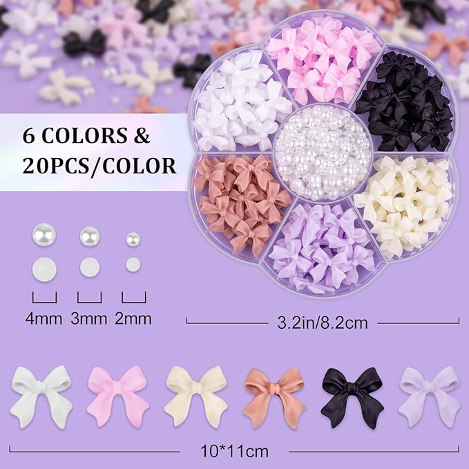 120 Pcs 3D Nail Bow Charms + 2-4mm Nail Pearls Set 1, 6 Colors Cute Bow Charms and White Flatback Pearls with Nail Charm Glue Gel(UV Needed) and Pickup Tools for Nail Art Decoration