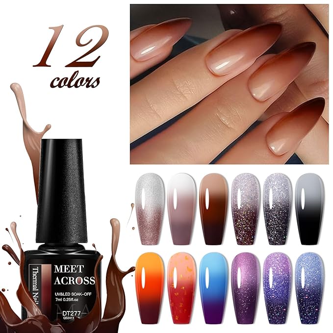 MEET ACROSS 12Pcs Color Changing Gel Nail Polish Set Brown Gel Polish Kit Fall Winter Glitter Temperature Mood Changed Nail Polish Gel DIY Salon Gift for Women