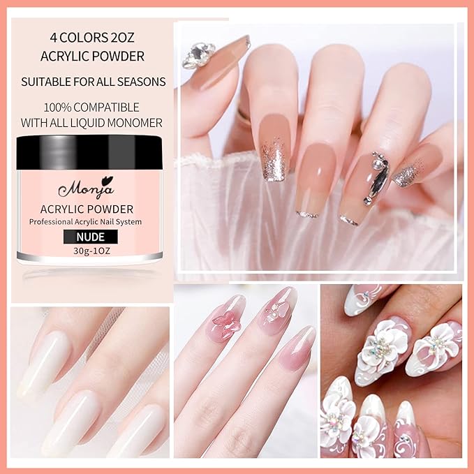 Monja Acrylic Powder - 4PCS 30g Professional Colored Acrylic Nail Powder for Acrylic Nails Extension 3D Nail Art Acrylic Polymer Powder Manicure Salon DIY No Need Nail Lamp