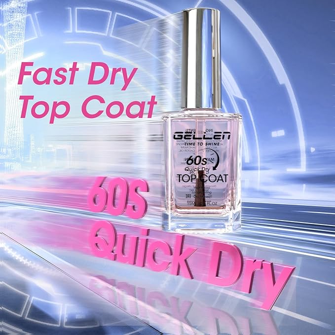 GELLEN Clear Nail Polish Top Coat Quick Dry in 60 Seconds, High Gloss Shine Top Coat Fast Air Drying Regular Nail Polish, Hema Free, Non-toxic, No Chip, Long Lasting, No Pink
