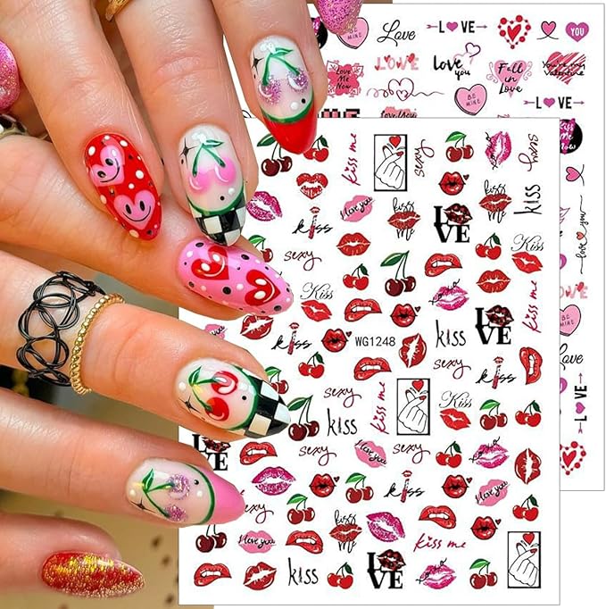 8 Sheets Valentines Nails Stickers 3D Self-Adhesive Heart Nail Art Stickers Cute Cartoon Nail Decals Red Lips Love Balloon Cat Light Cherry Designs Holiday Nails Art Supplies for Women DIY