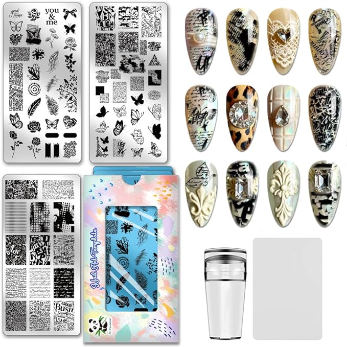 PH PandaHall 3pcs Vintage Texture Nail Stamping Plate Graffiti Text Nail Art Stamper Butterfly Nails Arts Stencils Rose Flower Nails Design Stamp Manicure Image Plates for Women Manicure Salon Print