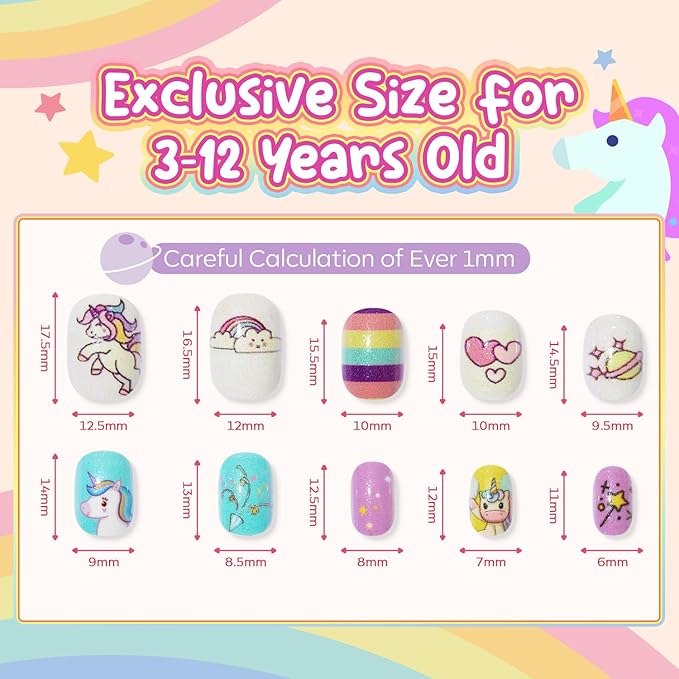 Modelones Press on Nails for Kids 144Pcs 6 Pack Children Acrylic Fake Nails Pre-glue Full Cover Glitter Color Starts Unicorn Short False Nail Art Kits Sets Thanksgiving Christmas Gifts for Girls