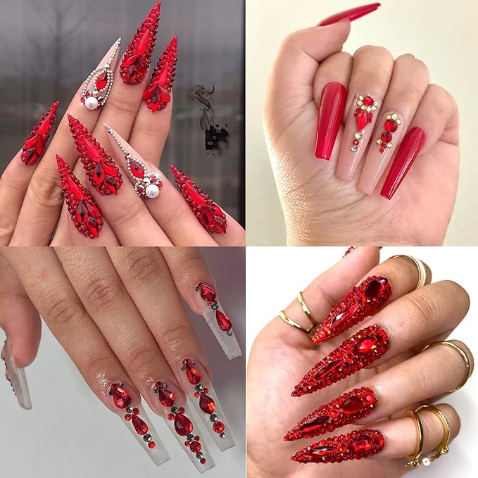 Dowarm 3200PCS Nail Art Rhinestones, Red/Siam Flatback Rhinestones for Nails, Crafts, 12 Styles 3D Glass Crystal Nail Gems