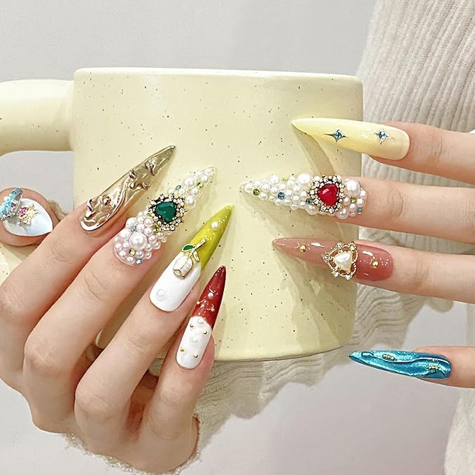 Luxury Press on Nails Long Stiletto Handmade 3D Unique Reusable ABS Material Fake Nails Full Rhinestones False Nails with Designs Flower Heart Charms Glossy Glue on Nail Thick Acrylic Nail(M)
