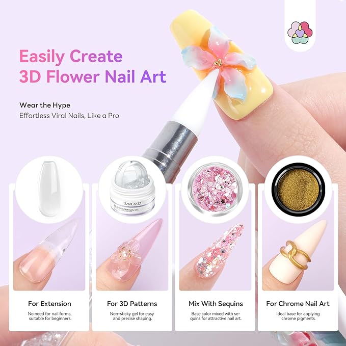 SAVILAND Advanced Non-Stick Solid Builder Nail Gel: Clear & White Instant Sculpting 3D Gels Non-Wipe Sculpting Gel for Nail Art Molding with Chrome Powder DIY Salon