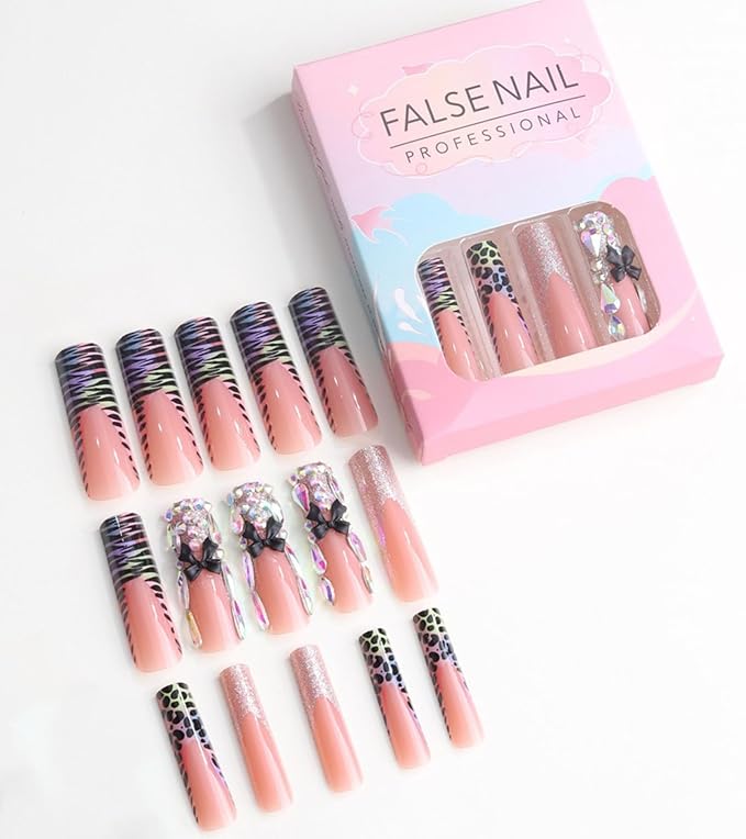 Press on Nails Square - Extra Long Fake Nails with 3D Rhinestones and Bows, Black Leopard French Tips Nude False Nail, Stick On Nails for Women, 12 Sizes - 24 Nail Kit, Sunset Spots