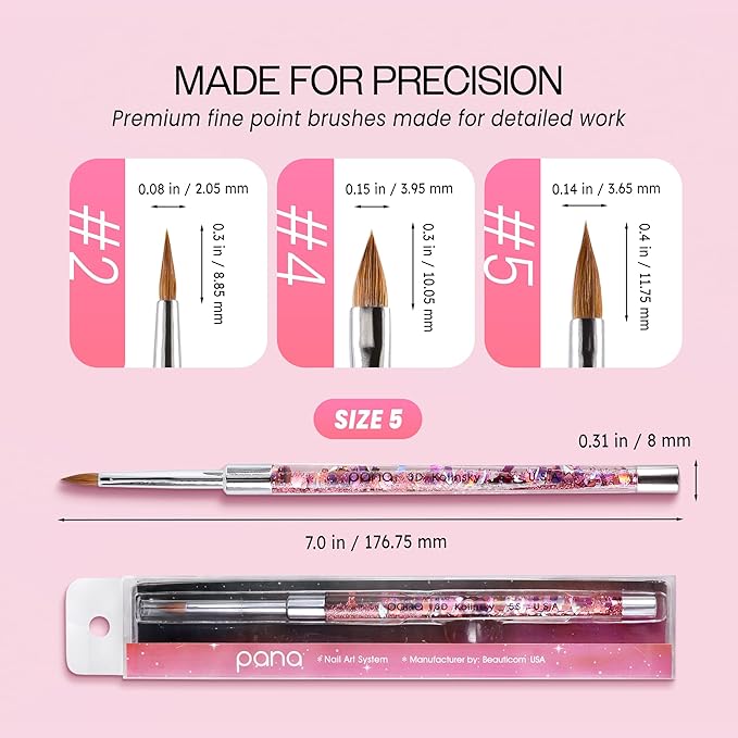 PANA 3D Kolinsky Nail Art Brush - Pink Glitter Handle, Size 5 - Acrylic Nail Art Sculpture Brush for Manicures Pedicure Salon Professional or Beginner