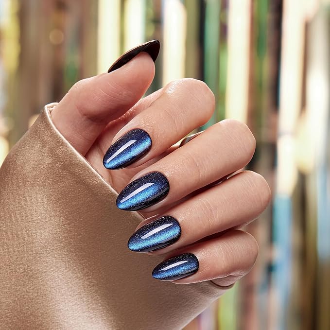 VSALON Press on Nails Almond Short for Newbies, Dark Blue Cat Eye Chrome Glossy Glitter Stick On 32 pcs Fake Nails Kit in 16 Sizes, Reusable Opaque Gel Nails with Glue, Cuticle Stick & Nail Buffer