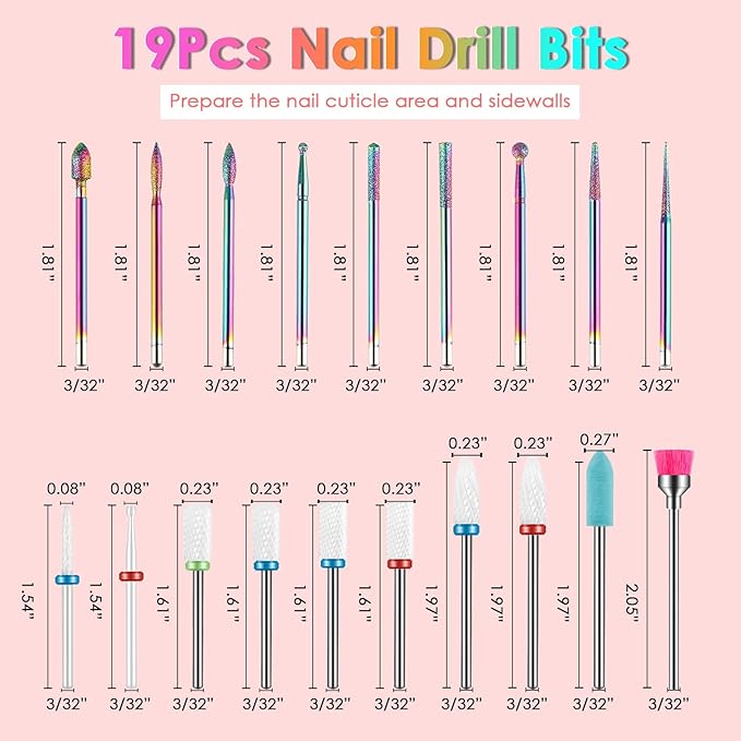 19-Pieces Nail Drill Bits Sets, 3/32 Inch Carbide and Ceramic Acrylic Gel Remover Nail Drill Bits Kit for Electric Nail File Machine, Acrylic Nail Art Tools for Manicure Pedicure, Home Salon Use