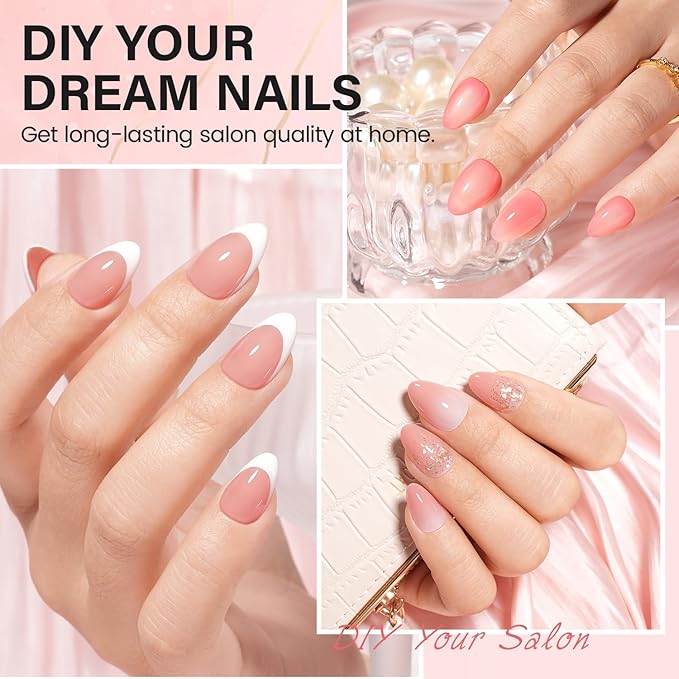 AILLSA Nail Extension Kit Short Almond Nail Tips 240pcs with 2 In 1 Nail Glue Base Coat and Nail Dehydrator, Gel Nail Tips Kit with Nail Lamp Top Coat for Starters Home Salon Valentine's Day