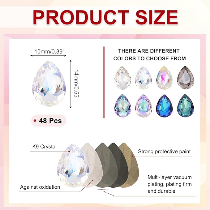 MECCANIXITY 48 Pcs 3D Teardrop Rhinestones Diamond Nail Charm Crystal Pointback K9 Glass Rhinestones Crystal Gems for Jewelry Making, Craft, 10x14mm, Transparent